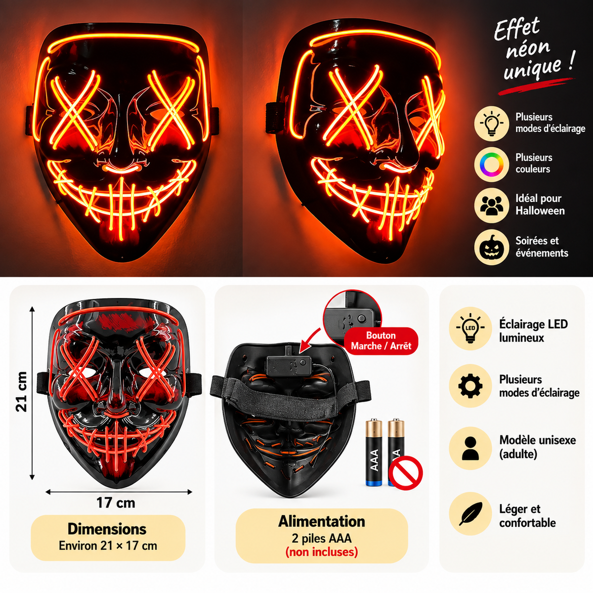 Masque LED Lumineux Halloween – Plusieurs Couleurs