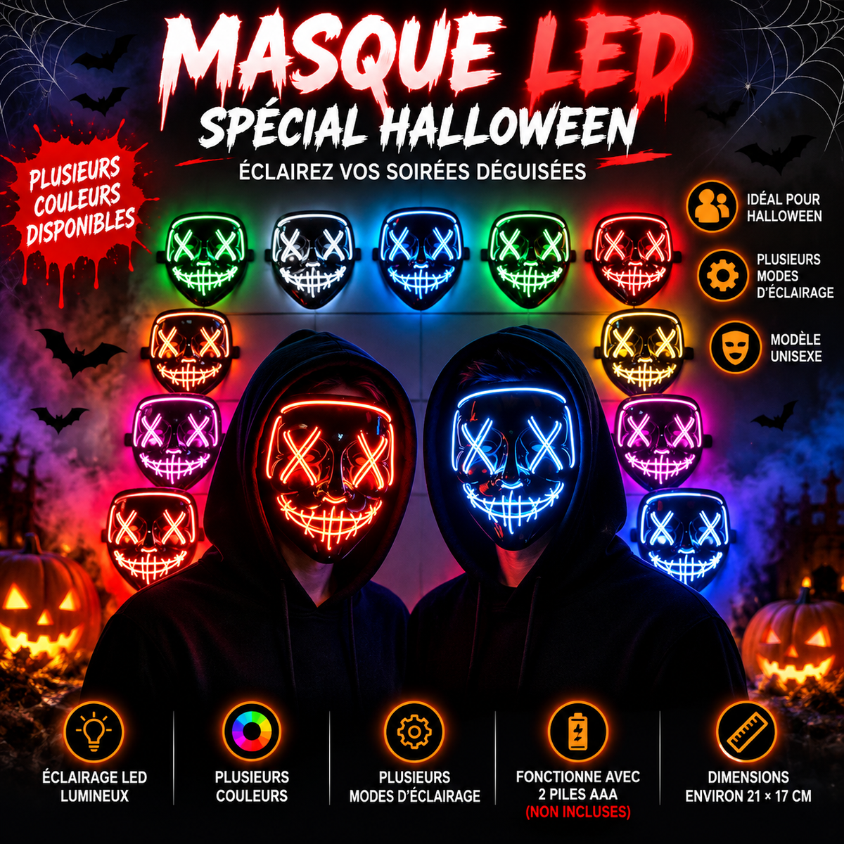 Masque LED Lumineux Halloween – Plusieurs Couleurs