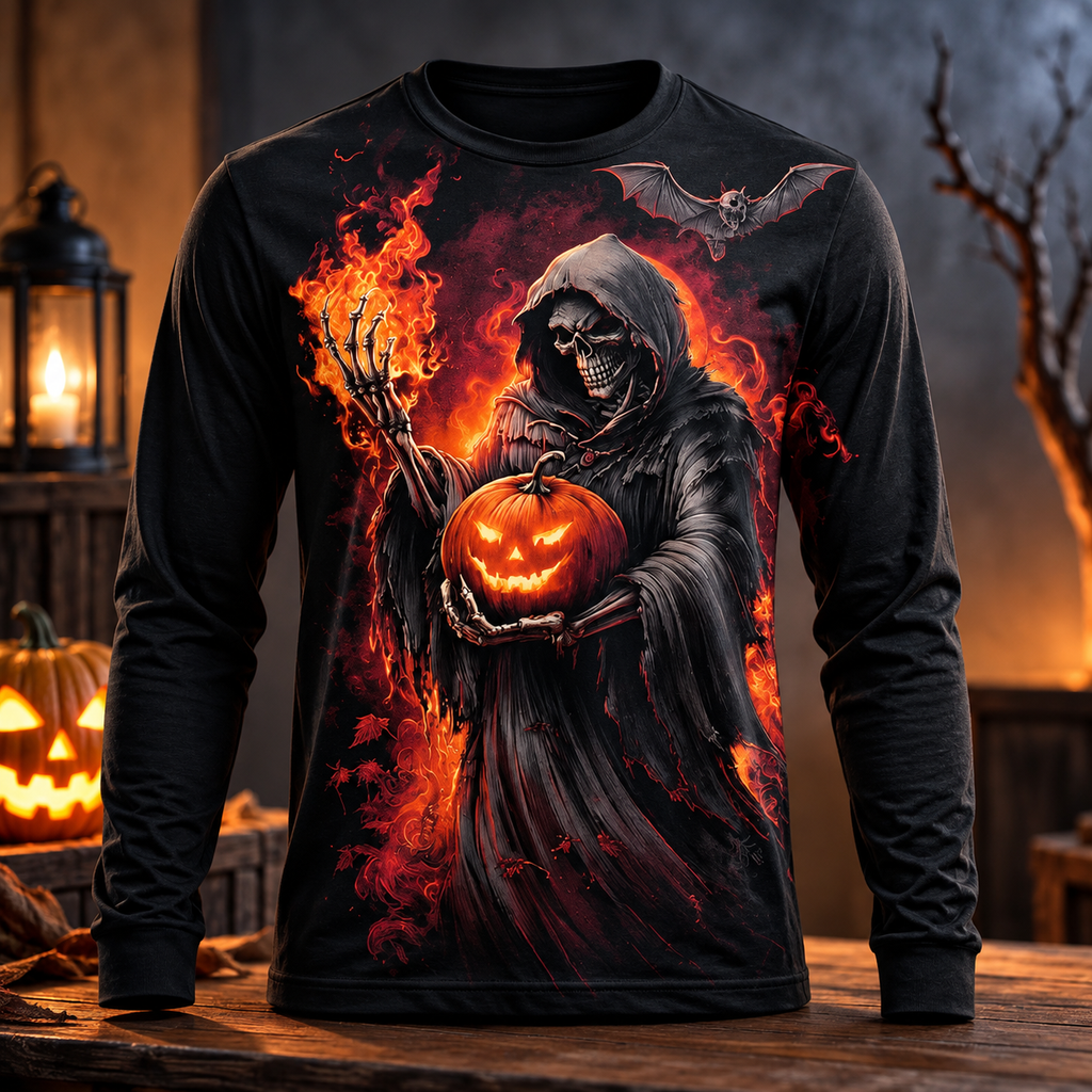 T-shirt Halloween Homme 3D – Faucheuse & Citrouille – Manches Longues