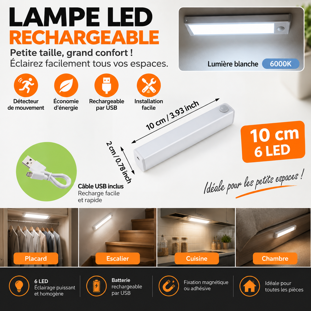 Lampe LED Sans Fil à Détecteur de Mouvement – Rechargeable