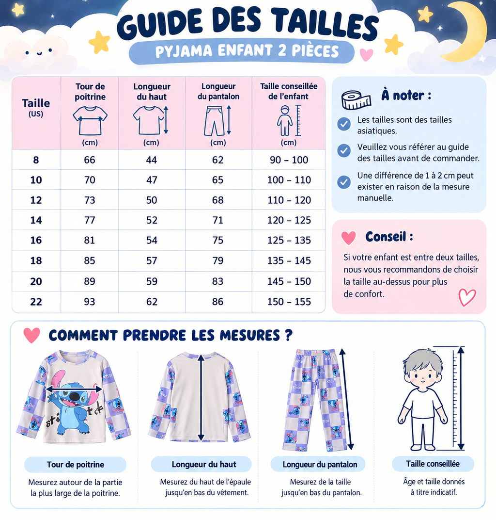 Pyjama enfant 2 pièces – Motif Stitch – Manches longues